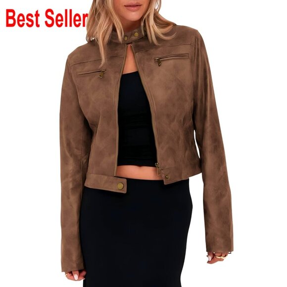 Jackets & Blazers - Faux Leather Cropped Motorcycle Jacket Zip Up Stand Collar Vintage Style